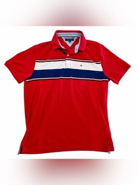 Tommy Hilfiger XL Red White Blue Stripe Polo Shirt Flag Logo Preppy